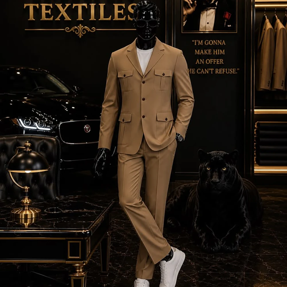 Men Khaki Cargo Style Suit Single Breasted Blazer Straight Trousers Set Business Casual 2 Pieces Outfit Daily Streetwear Looks