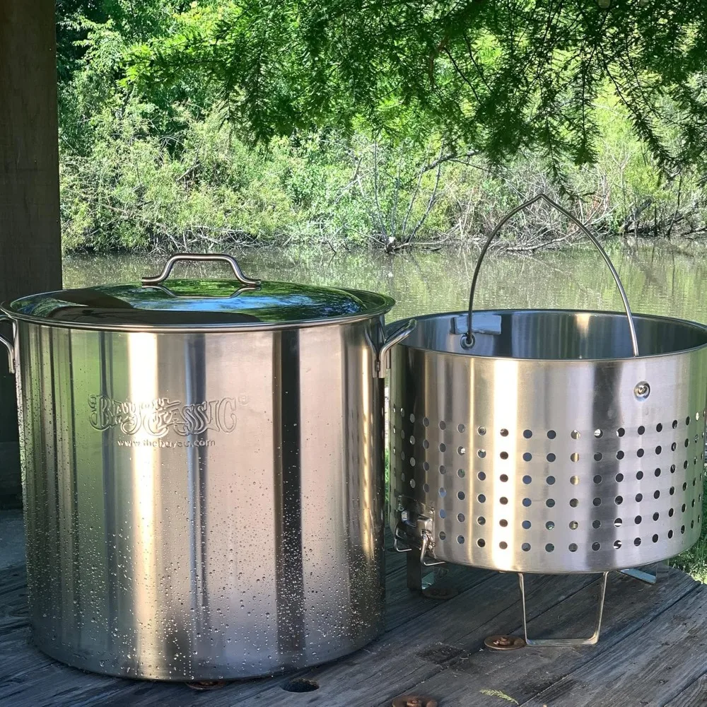 1192 82-qt Stainless Bayou Boiler w/ Elevated Steam Basket Features Lid and Stainless Perforated Basket w/ Helper Handle