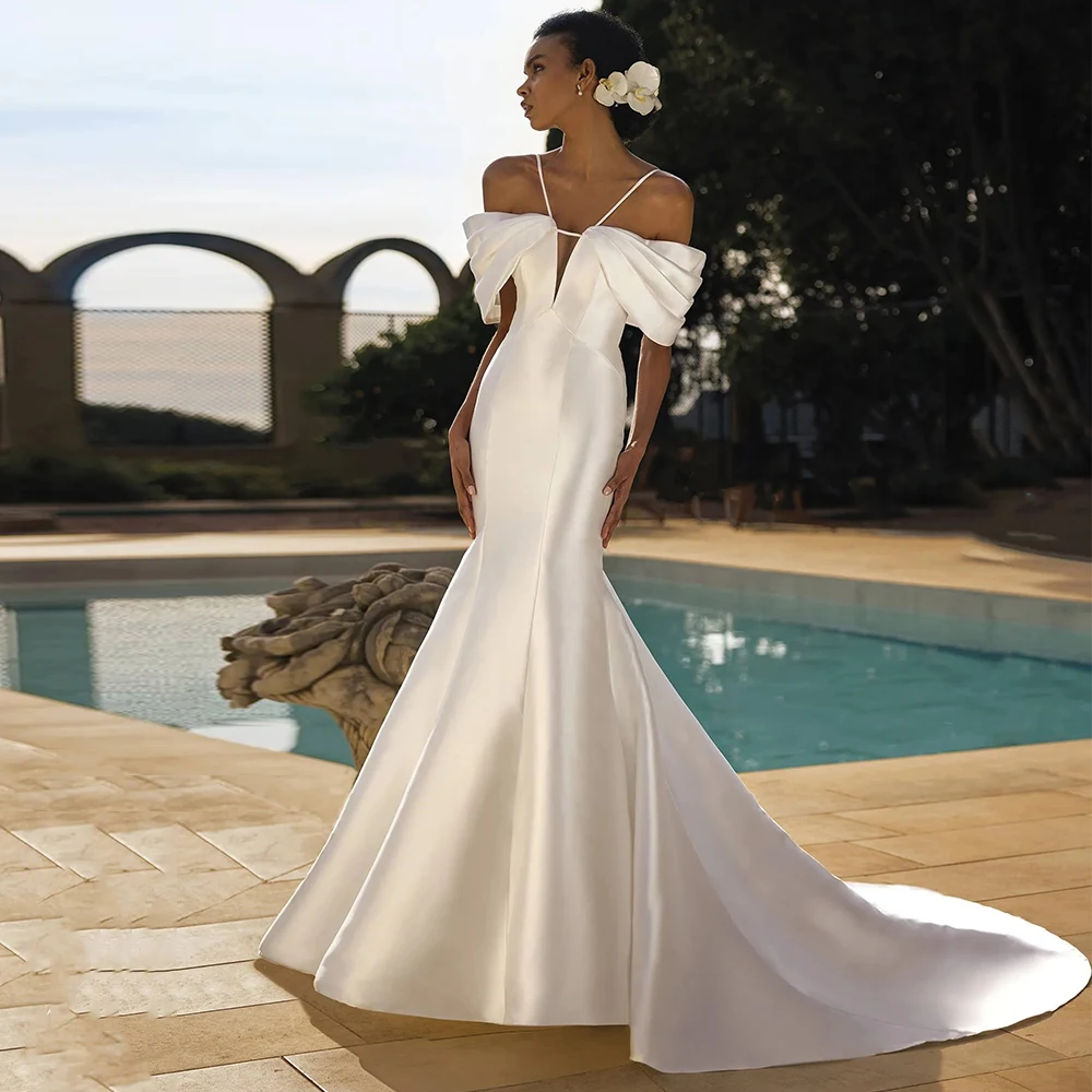 

Sexy Off the Shoulder Satin Mermaid Wedding Dresses for Brides 2024 Court Train Deep V-neck Pleats Bridal Gowns High Quality