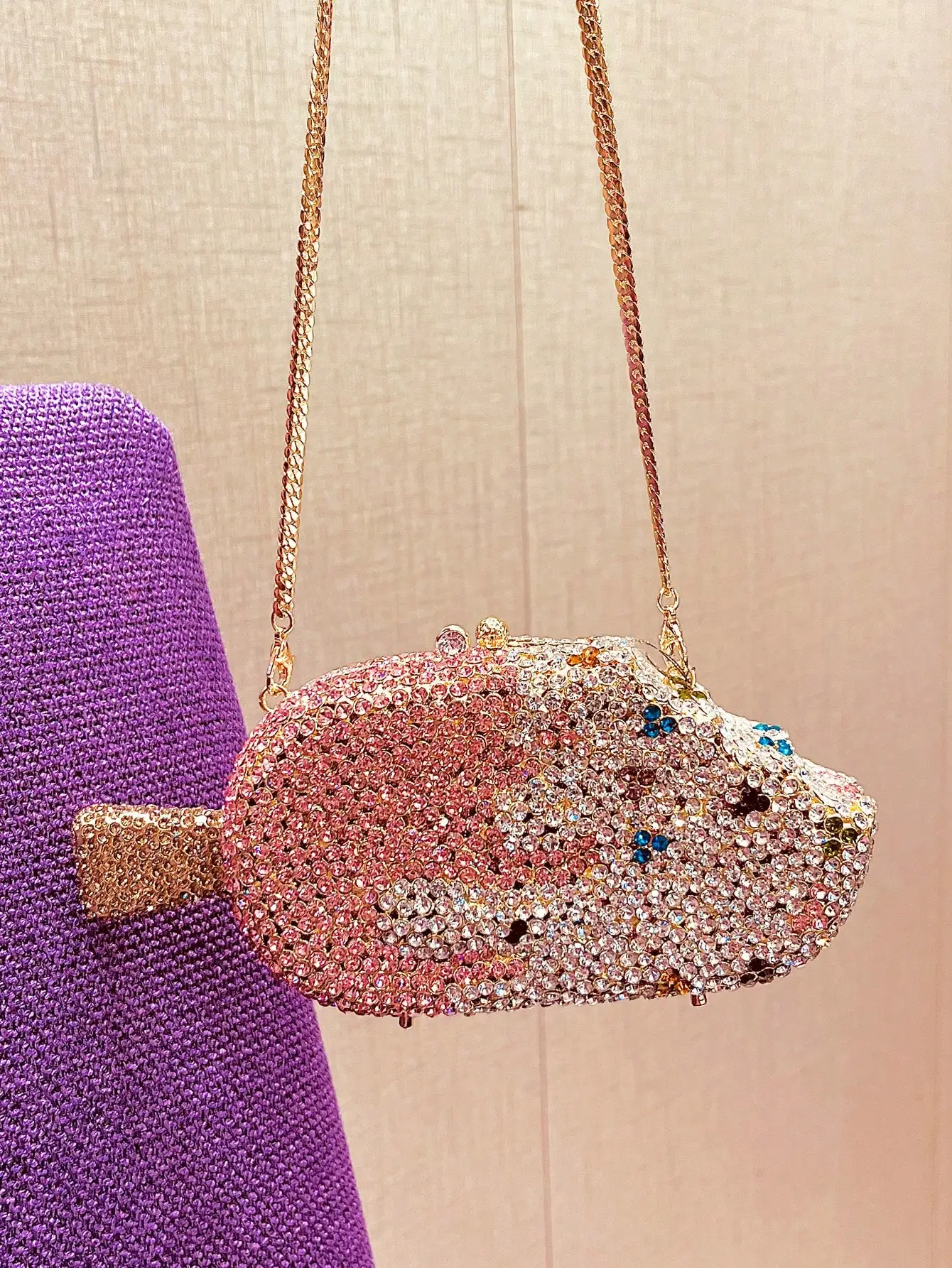 Mini Size Ice Cream Shaped Crystal Evening Bags,Luxurious Diamond Design With Metal Chain Dinner Purses For Ladies,Rhinestone Clutches For Prom Event