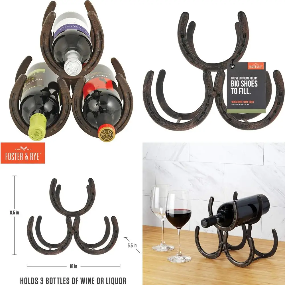 

10 Cast Iron Horseshoe Wine Rack, Holds 3 Bottles, 10x5.5x8.5