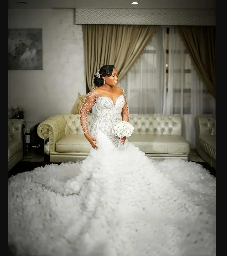 Customized  Spark Heavy Crystals Rhinestones  Wedding Dress with Tiers Detachable Train Long Sleeves Plus Size Dress For Brides