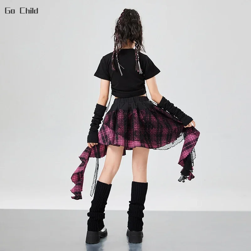 Hip Hop Girls Crop Top Street Dance Gauze K-pop Plaid Skirts Kids Streetwear Children Jazz Cheerleader Costumes Clothes Sets