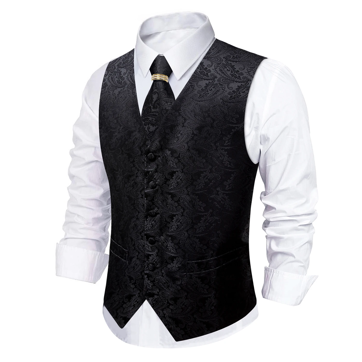 All Black Paisley Jacquard V-Neck Waistcoat 5Pcs Combo Tie Pocket Square Cufflinks Shiny Gold Ring For Wedding Guest Prom Party