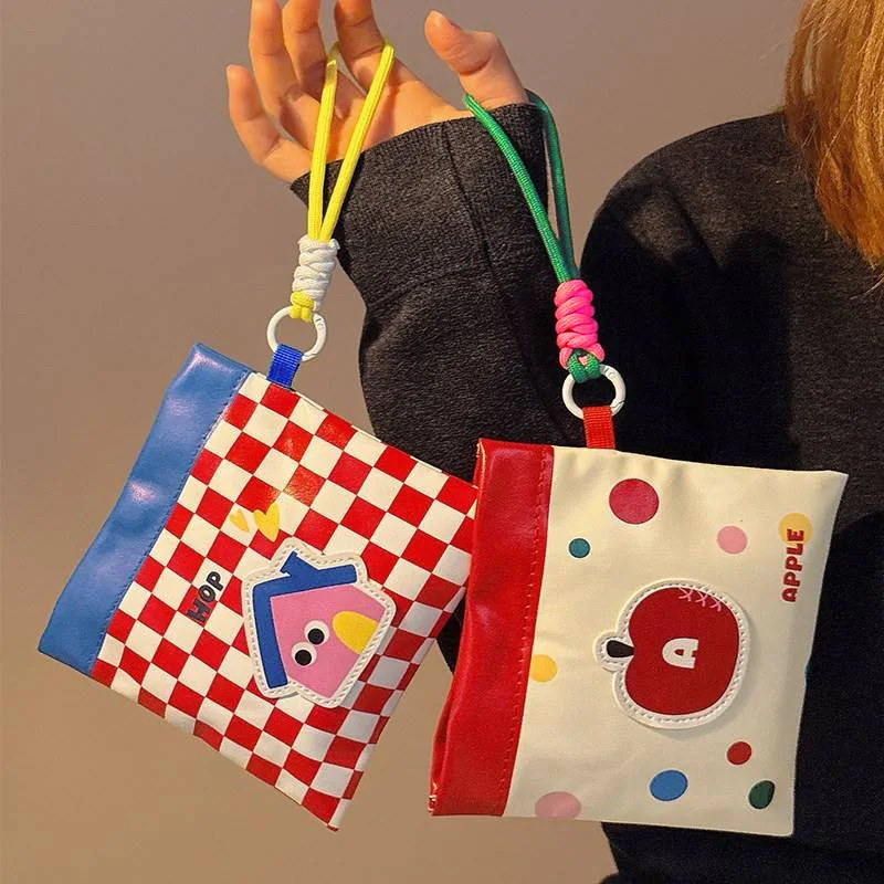 Dopamine PU makeup pouch with woven strap, holds pads, lipstick, coins & earbuds, cute portable for students & commute.