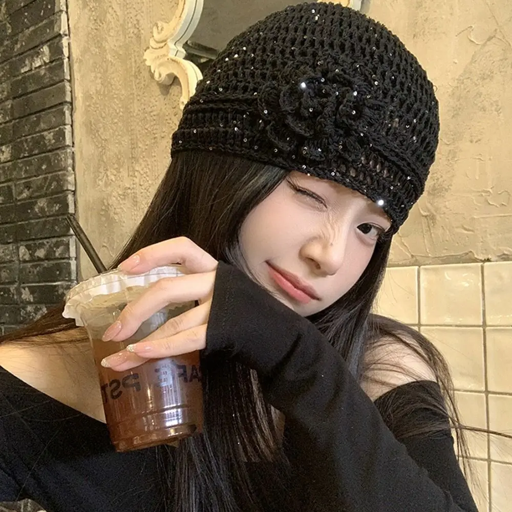 

Sweet Handmade Crochet Flower Hat Glitter Bling bling Beanies Hat Wool Hat Korean Sequin Knitted Hat Apparel Accessories
