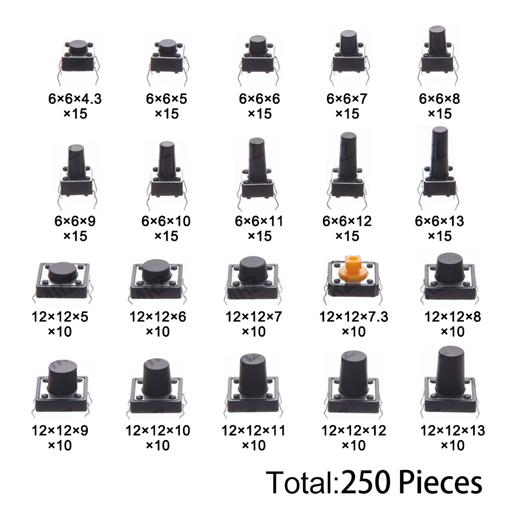 250pcs 20value 4pins 6x6mm 12x12mm 5/6//8/9 Tactile button switch micro instant classification Assorted kit 10/11/12/13mm