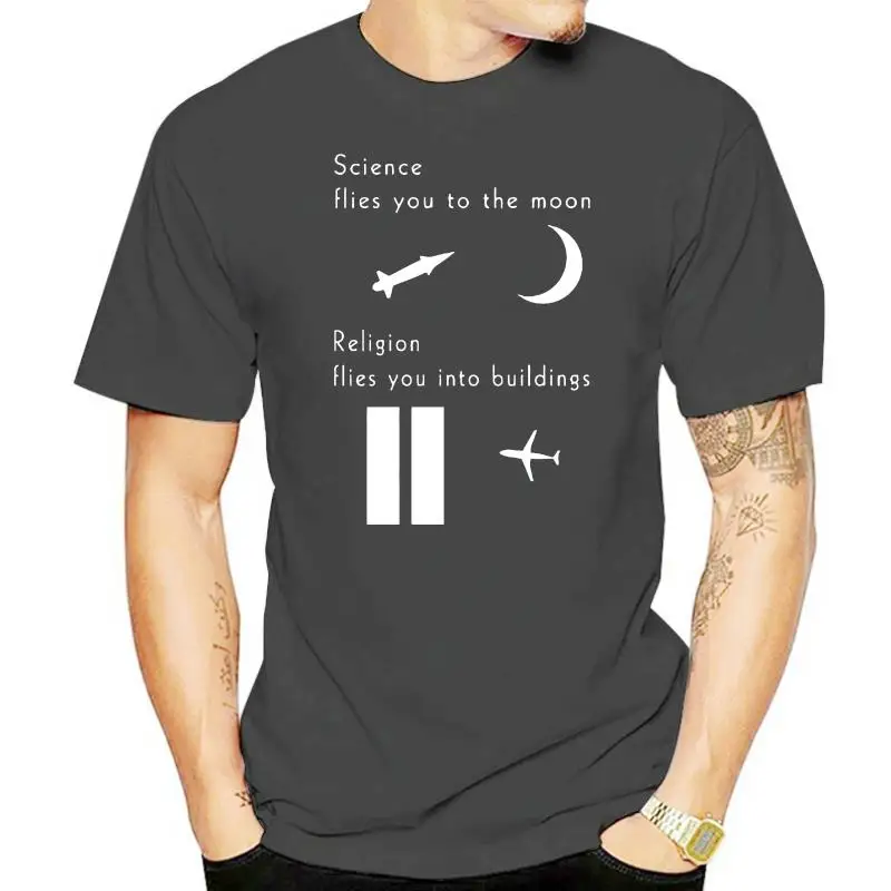 Science flies you to the moon religion flies you into buildings atheist T shirt T-Shirt Novelty Cool Tops Men'S Short Sleeve