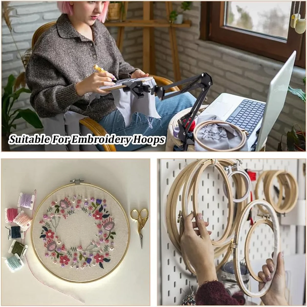 Black Embroidery Table Stand Kit Hand Embroidery Hoop Holder 360 Rotated Embroidery Holder Stand for Embroidery Hoops