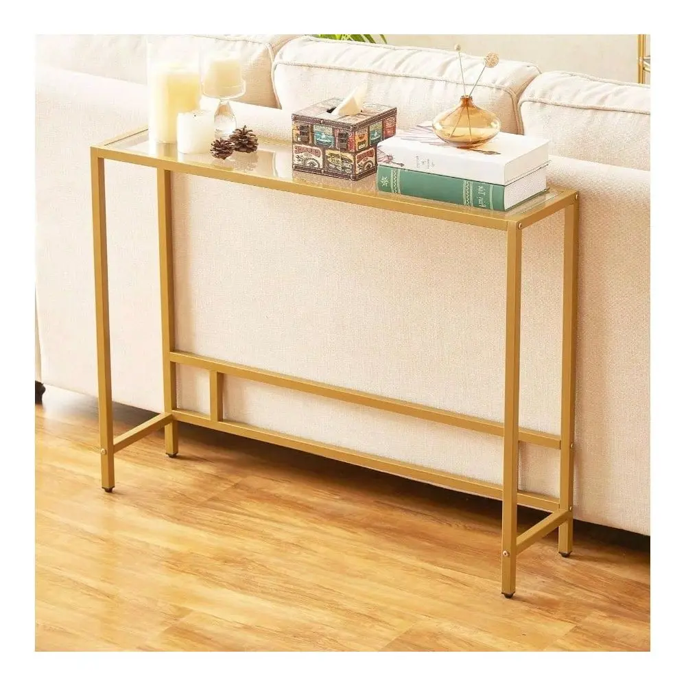 

Modern Console Table Entryway, Tempered Glass With Metal Frame Sofa Table Living Room, Hallway, Office Single Layer, Gold