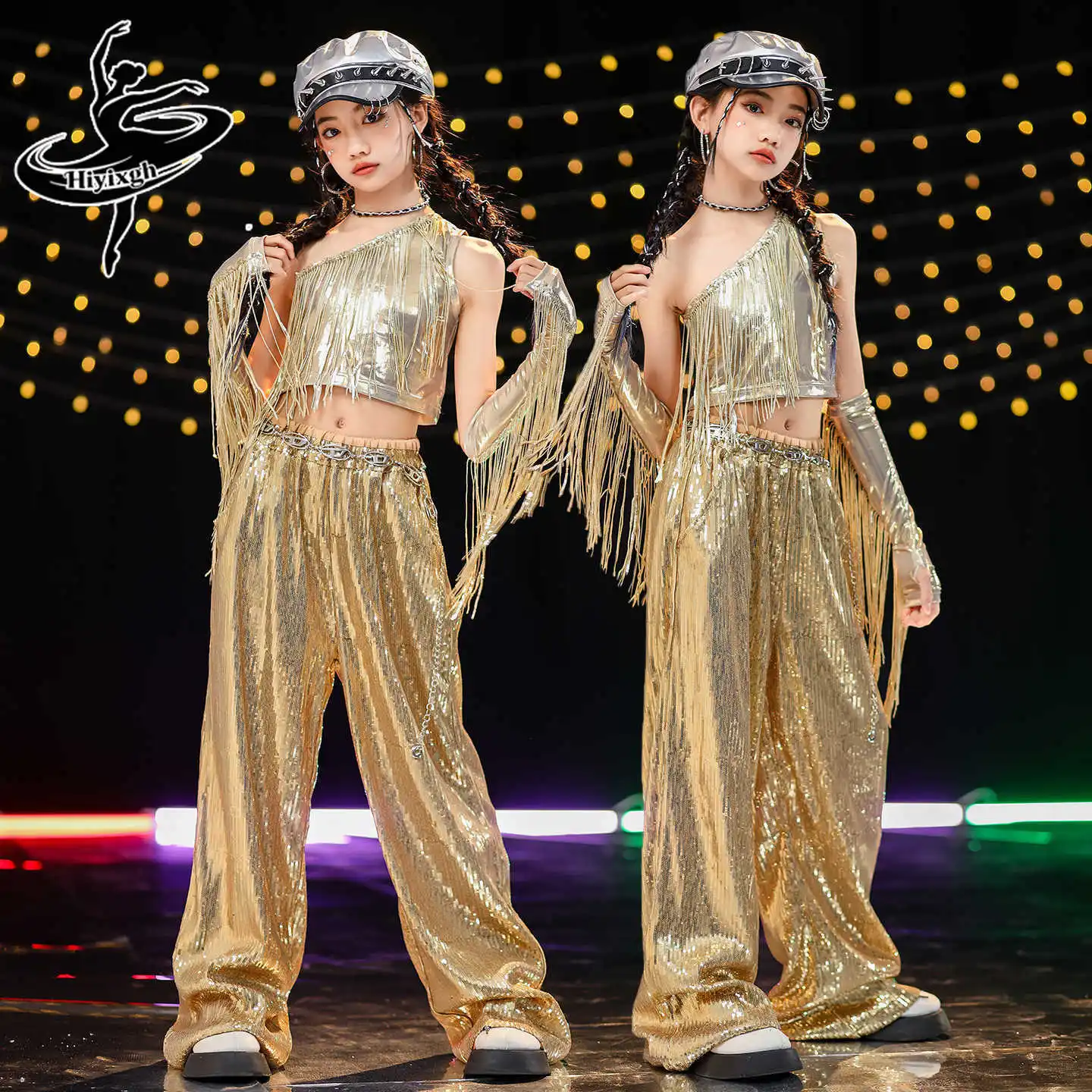 

Детский костюм для джазовых танцев, жилет с бахромой и пайетками для девочек, золотой сценический костюм для джазовых выступлений для детей