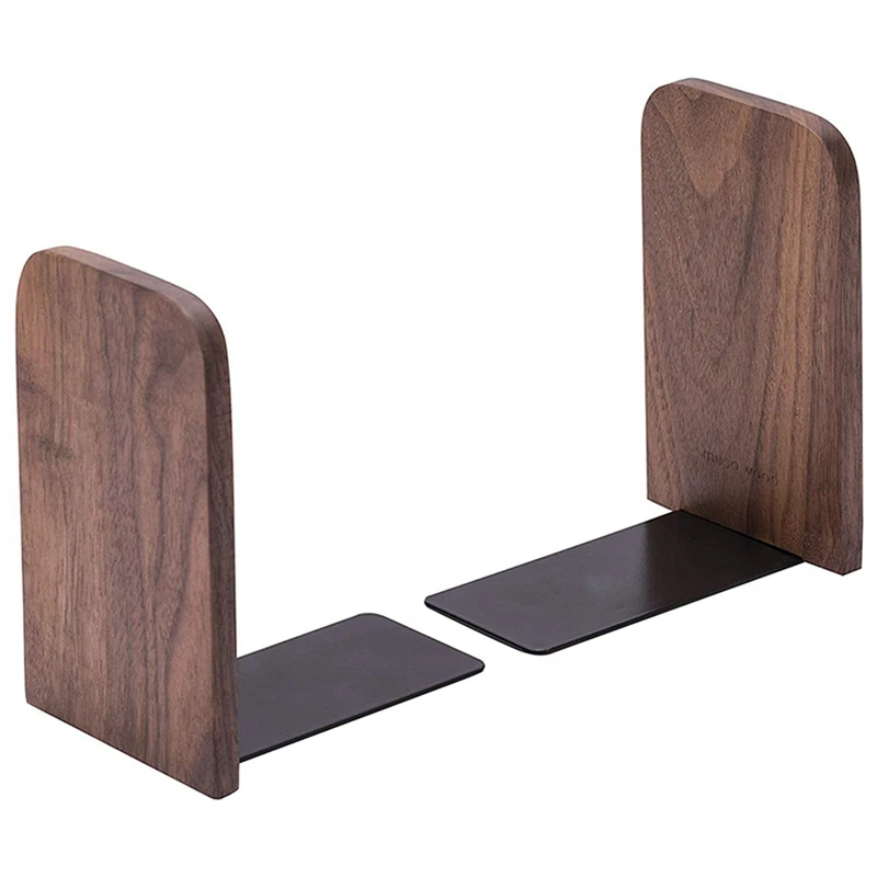 6Pcs Wooden Bookends With Metal Base Heavy Duty Black Walnut Book Stand With Anti-Skid Dots For Office Desktop
