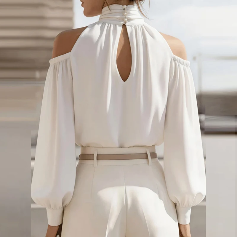 Spring Autumn Off Shoulder Turtleneck Long Sleeve Blouse Women Shirts White Office Lady Tops Elegant Blouses For Women Pullovers
