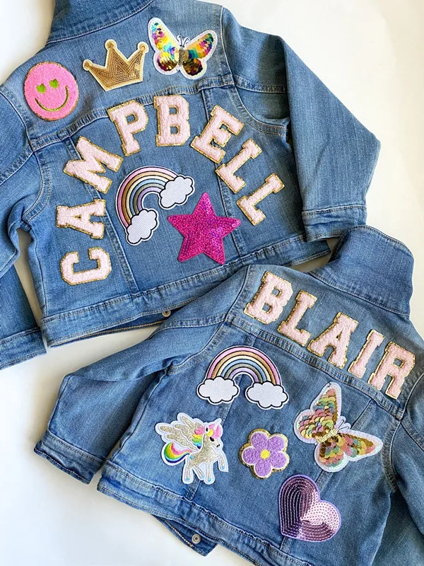 Personalized Monogram Girls Chenille Letter Patch Jean Jacket | Chenille Name Patch Jacket | Toddler Girls Custom Jean Jackets