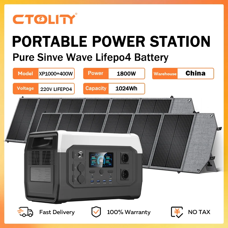 

CTOLITY XP1000 1800W Solar Generator 400W Solar Panel 1024Wh Portable Power Station LiFePO4 Battery AC Output Pure Sinve Wave