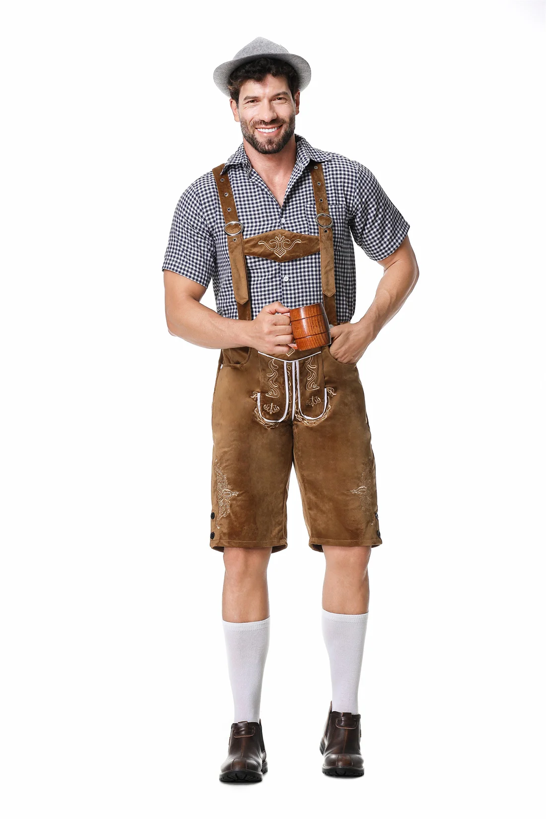 Oktoberfest Costume for Mens 3pcs Set Hat and Plaid Shirt and Suspenders Lederhosen Bavarian Carnival Halloween Cosplay Outfit