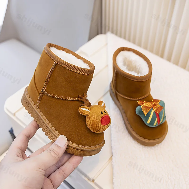 2025 Fashion Children Christmas Elk Cotton Snow Boots Girls Boys Warm Casual Shoes Kids Ankle Boots Winter Non-slip Cotton Shoes