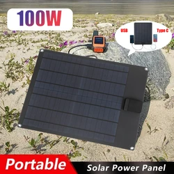 Flexible 100W 5V Waterproof Solar Panel Portable USB +Type C Power Battery Charger for Outdoor Camping Solar Cells Charging