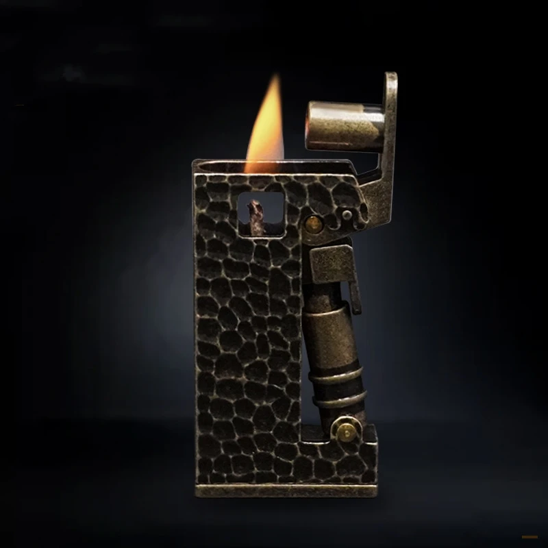 Metal retro Portable Semi-automatic Mechanical Catapult Kerosene Open Flame Lighter With Three Sides Firing, Windproof Lighter