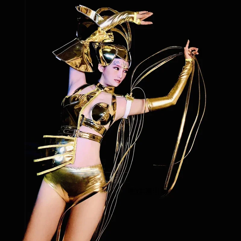 

Sexy Gogo Dance Costumes Pole Dance Clothes Gold Top Shorts Bar Nightclub Dj Ds Rave Outfit Women Stage Performance Wear XS6070