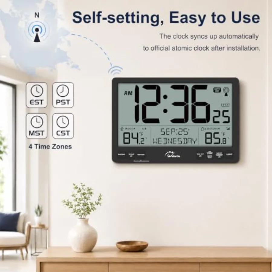 Extra Large Atomic Wall Clock with Backlight for Living Room, Plastic Case in Black, Auto-Set Time and Date with Night Light