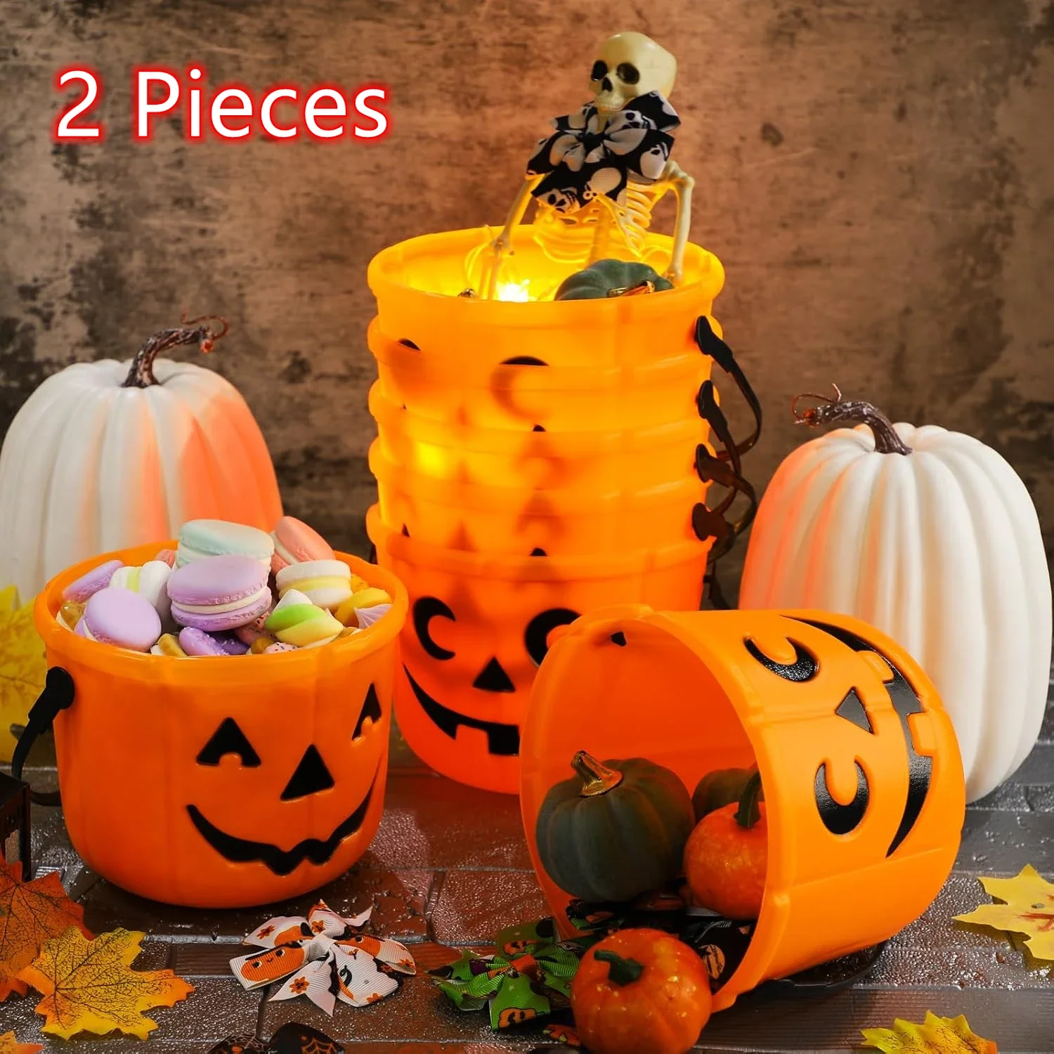 Halloween Trick or Treat Buckets Pumpkin Candy Basket Plastic Pail Candy Holder with Handle Orange Jack-o\'-Lantern Party Favors