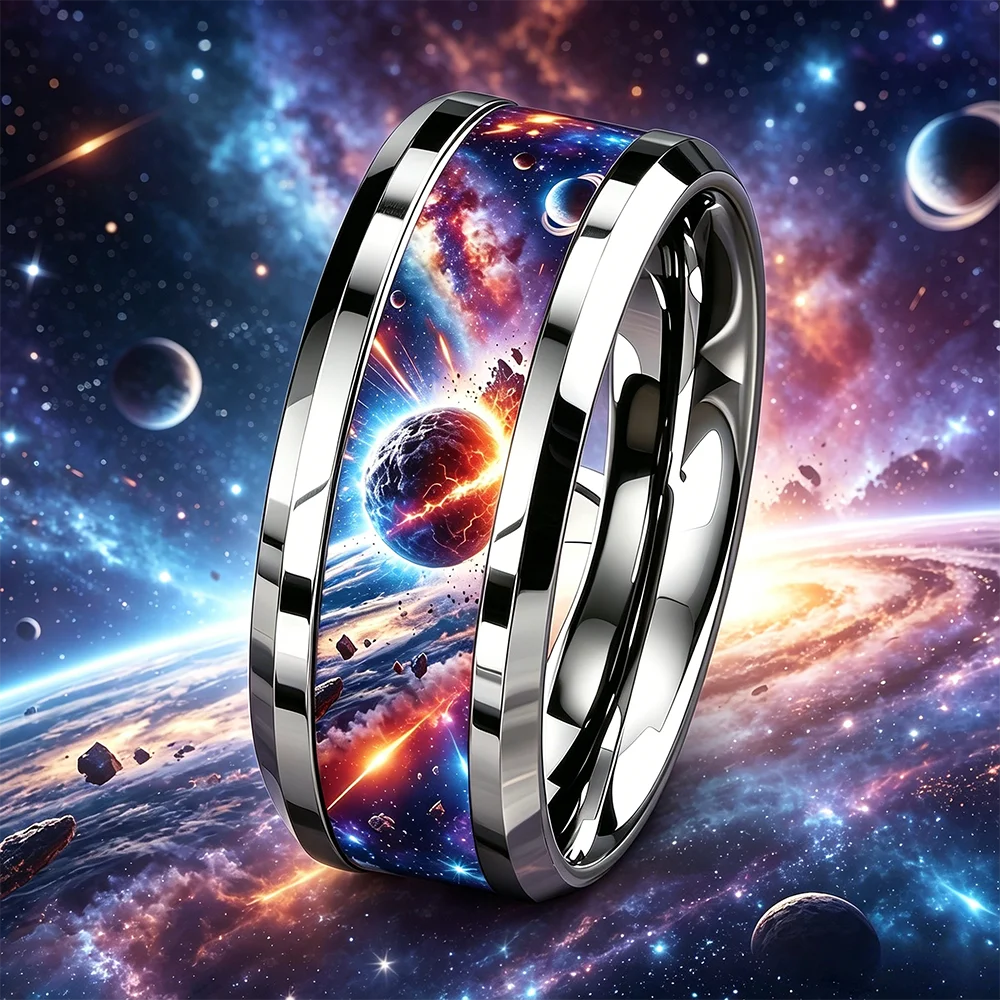 Fashion Men Stainless Steel Outer Space Ring Cosmic Galaxy Nebula Planet Pattern Rings For Men Jewelry for Astronomy Explorer