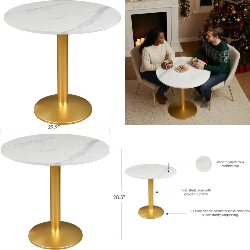 

30 Inch Diameter Bistro Tulip Table with White Marble Top and Gold Metal Frame, Easy Assembly