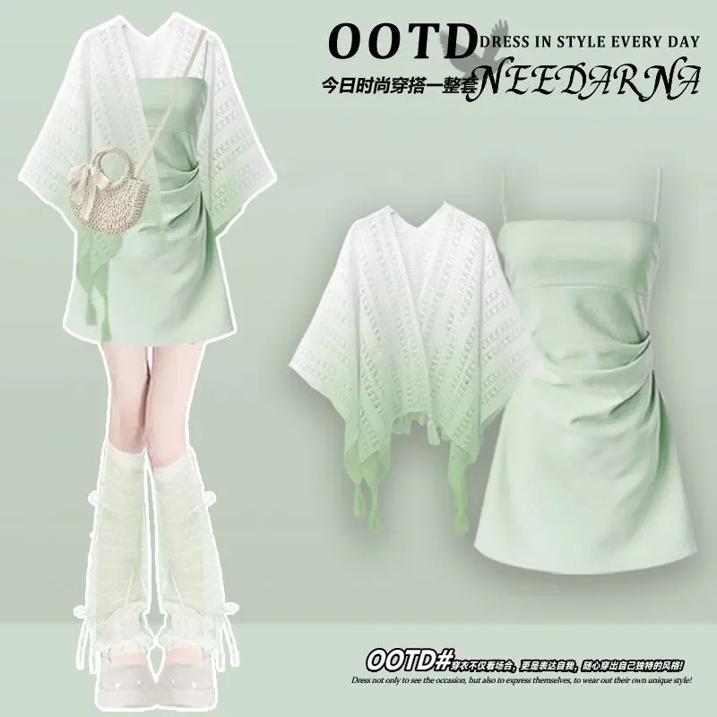 

Летний комплект женский, новинка 2025, шаль для отпуска в богемном стиле с платьем на бретелях, повседневный комплект из двух предметов