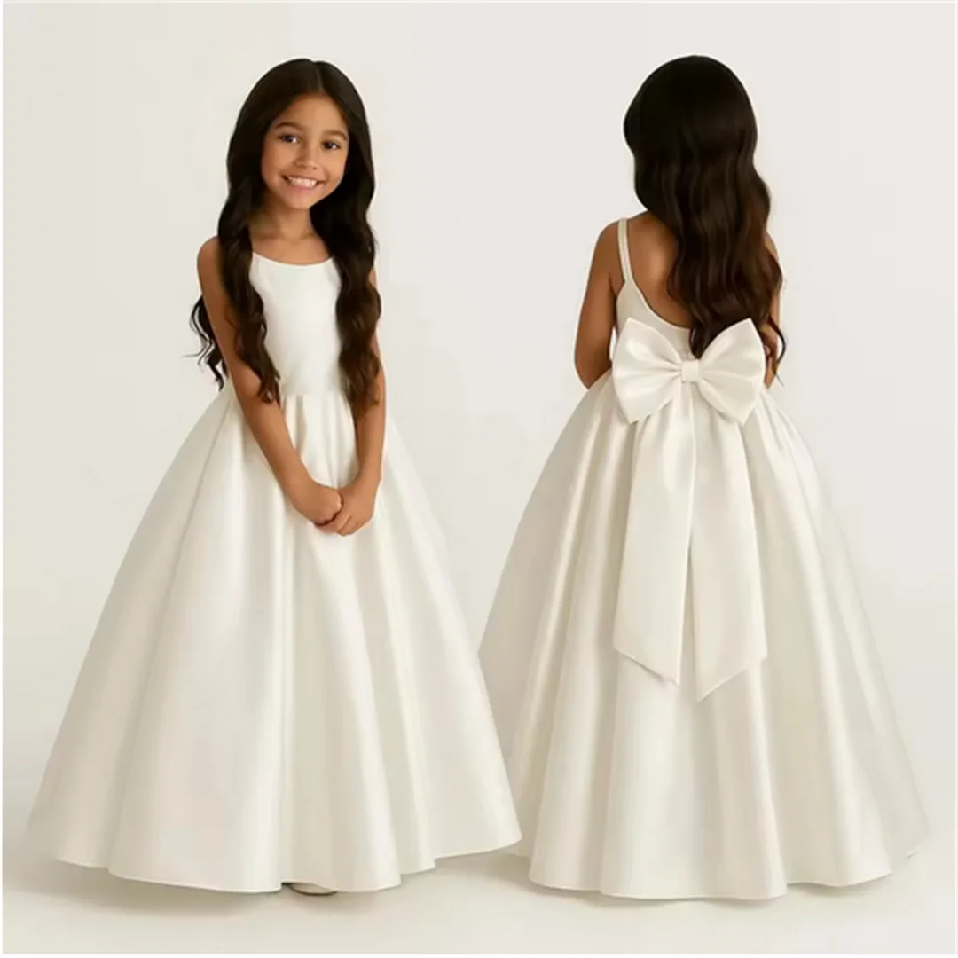 

Communion Dress Satin Kids Bow Simple Wedding Party Dresses for Flower Girl Dresses Birthday Toddler Bridesmaid Dress First