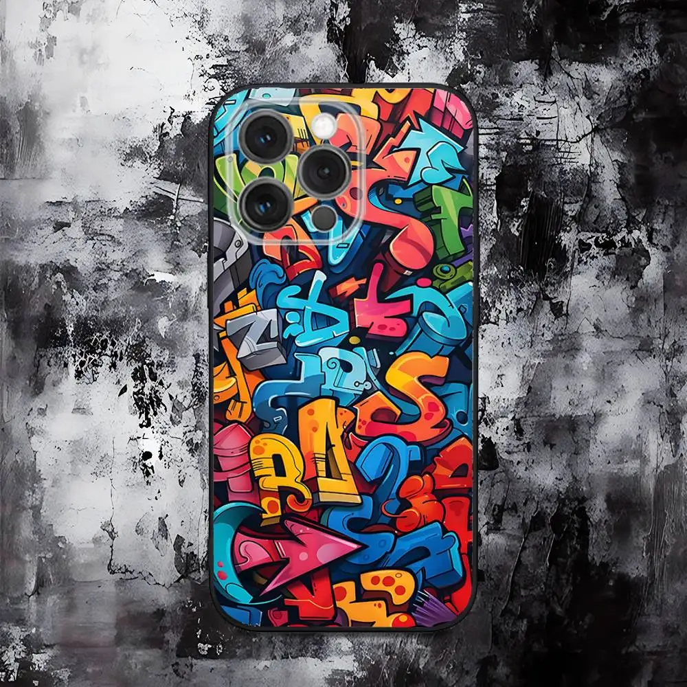 Cool Kleurrijke Graffiti Telefoonhoesje Voor iPhone 16,15,14,13,12,11,Pro,Max,Plus,X,XS,SE,E,Mini,Zachte Siliconen Zwart Case