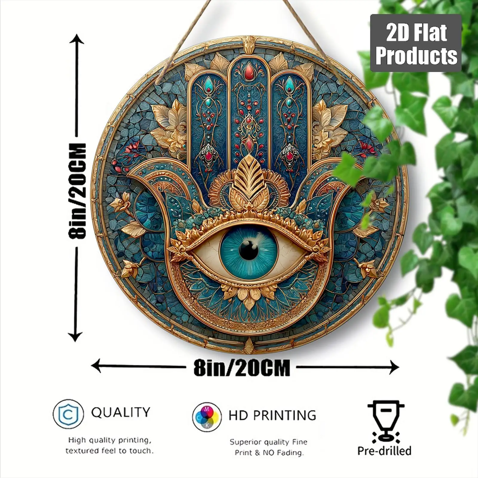 2D Flat, 1pc, Round Wooden Decorative Sign (8*8in/20*20cm), Perfect Patterns, Amsa Handprint Theme, Home Wall Hanging Ornament f