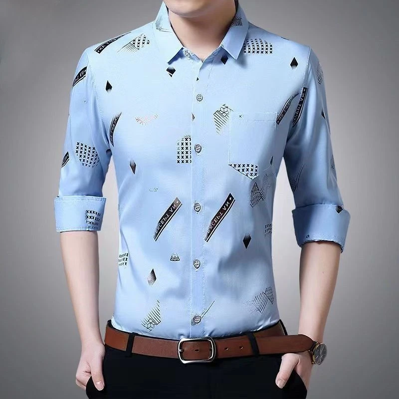 Spring Men Checkered Long Sleeve Shirt Slim Fit Anti Wrinkle Pocket Casual Top