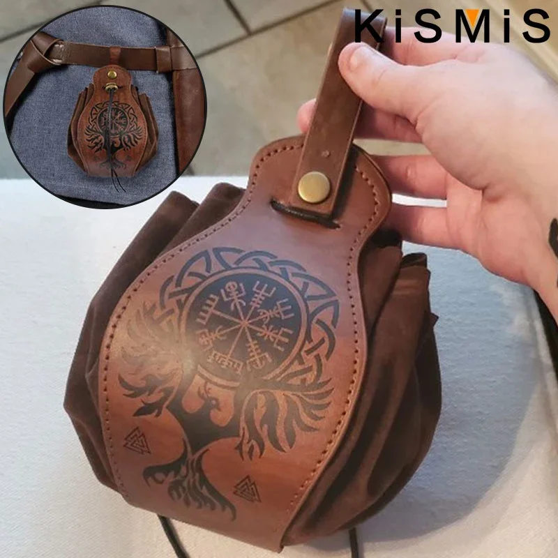 KISMIS Medieval Drawstring Bag - Portable Faux Leather Coin Purse and Waist Bag