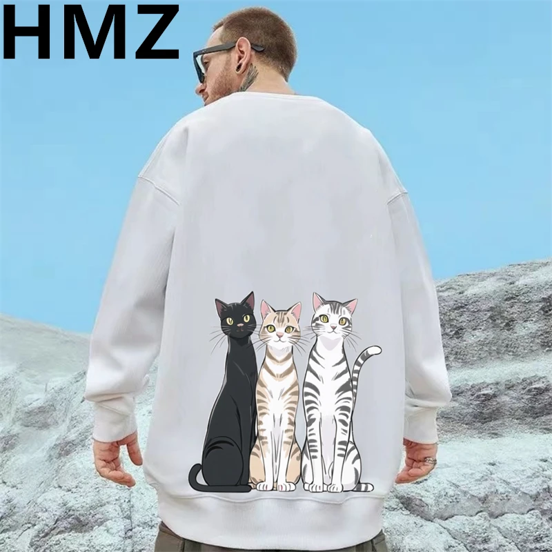 HMZ Mens Casual Cartoon Cat Print Sweatshirts Hoodie Men O-Neck Fashion Harajuku Style Male High Street Cotton Sweatshirt Men