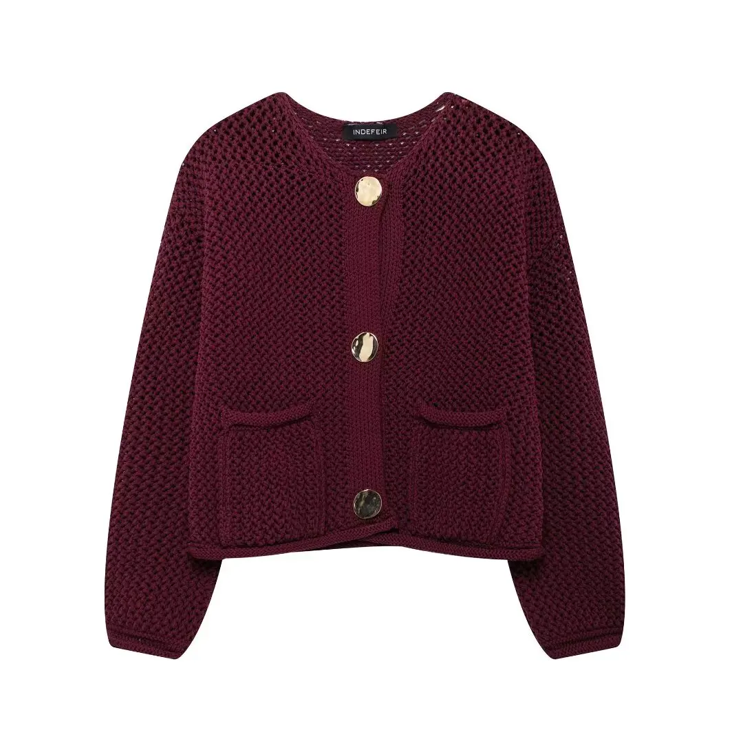 Women Fashion Chic Wine Red Knit Cardigan Female Buttons Pockets Short Sweater Ladies Knitwear