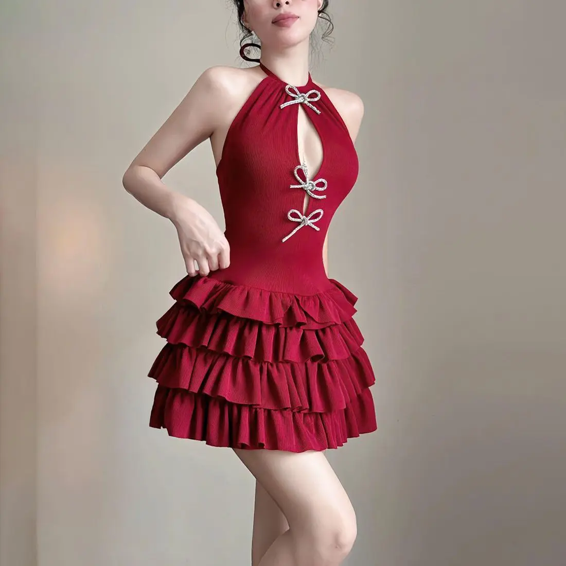 

Sweet Punk Bow Tie Cutout Dress Women Layered Waist Mini Skirt Dark Academia Aesthetic Streetwear Fashion