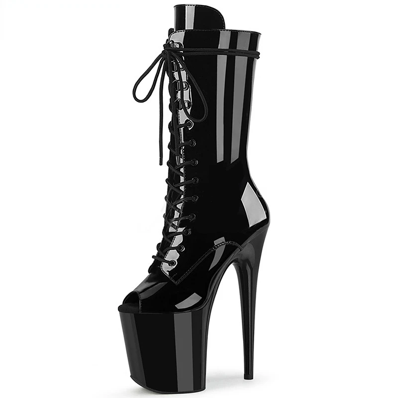 

New Peep Toe Women Boots Platform Lace Up 20cm High Heels 20cm Pole Dance Shoes Sexy Fetish Nightclub Model Mid Calf Boots Shoes