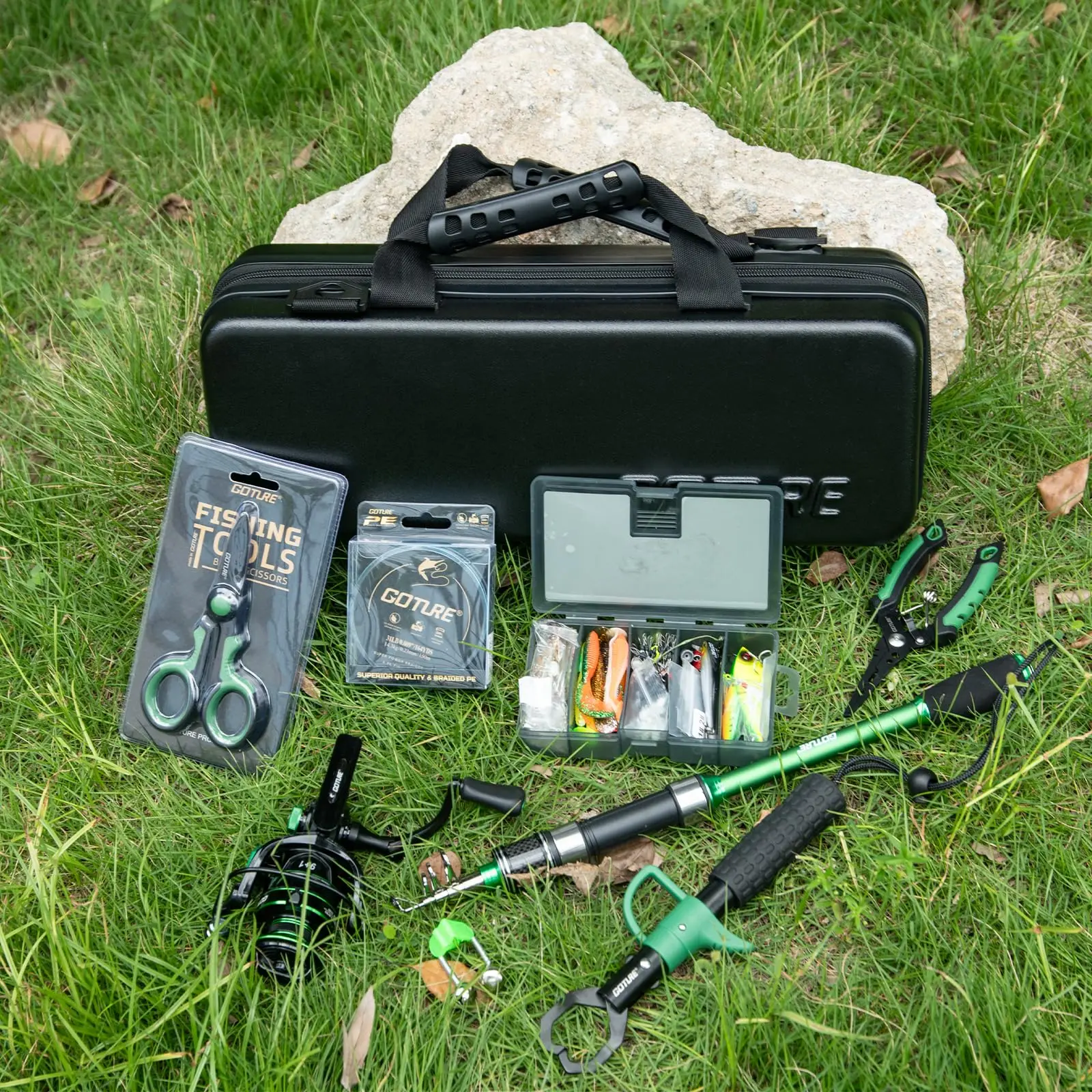 Goture 1.8m-2.7m Telescopic Fishing Rod Spinning Reel Full Kit Carbon Pole with Tackle Bag Lures Pliers Fishing Accessories Set