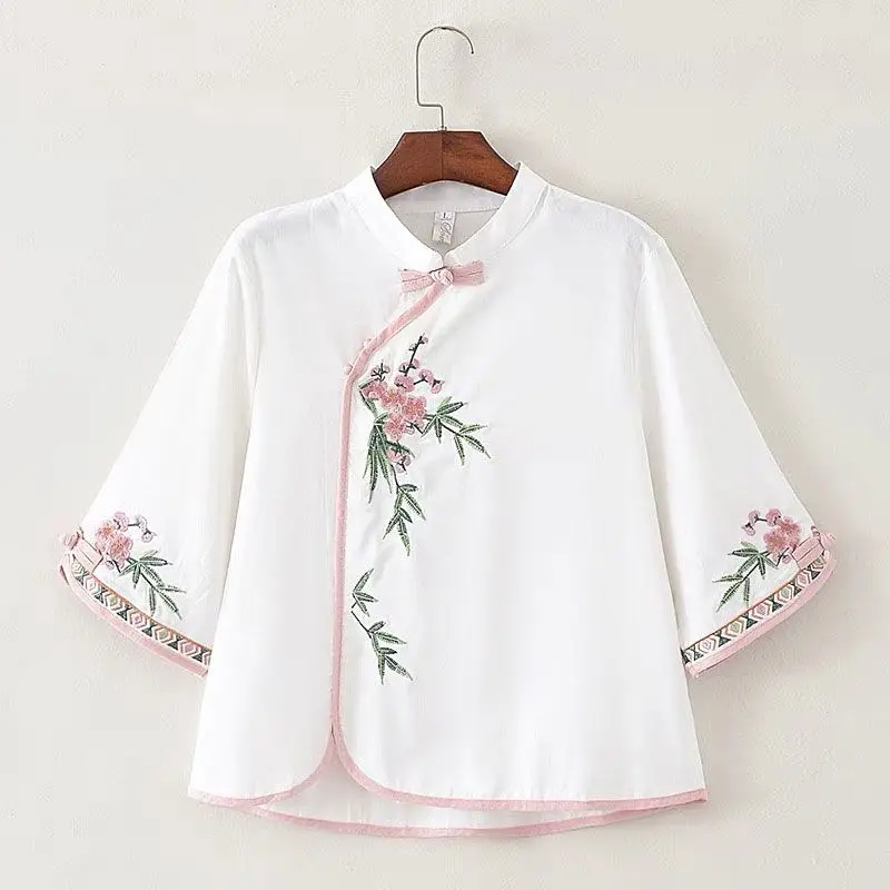 

Новая женская рубашка в этническом стиле больших размеров из хлопка и льна, лето 2026, с китайским воротником-стойкой, на пуговицах-лягушках, с вышивкой, для чаепития