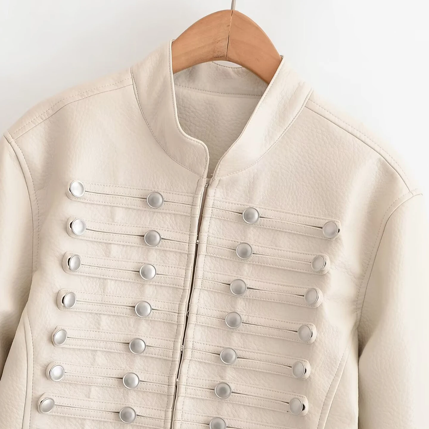 Fashionable Double-Breasted Decorative Long-Sleeve Stand-Collar Jacket And Low-Waist Shorts Motorcycle Style Women's Outfit