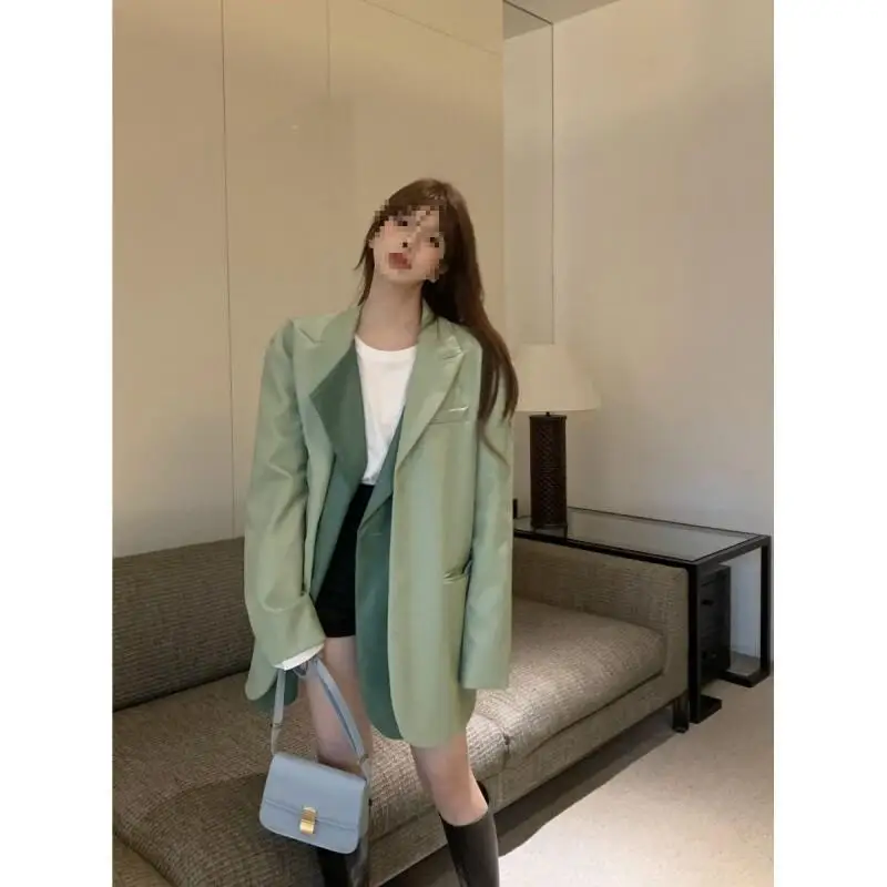 스플라이스 페이크 투피스 가죽 재킷 수트 코트 여성용 가을 겨울 신상 한국 버전 롱 스타일 루즈 가죽 재킷