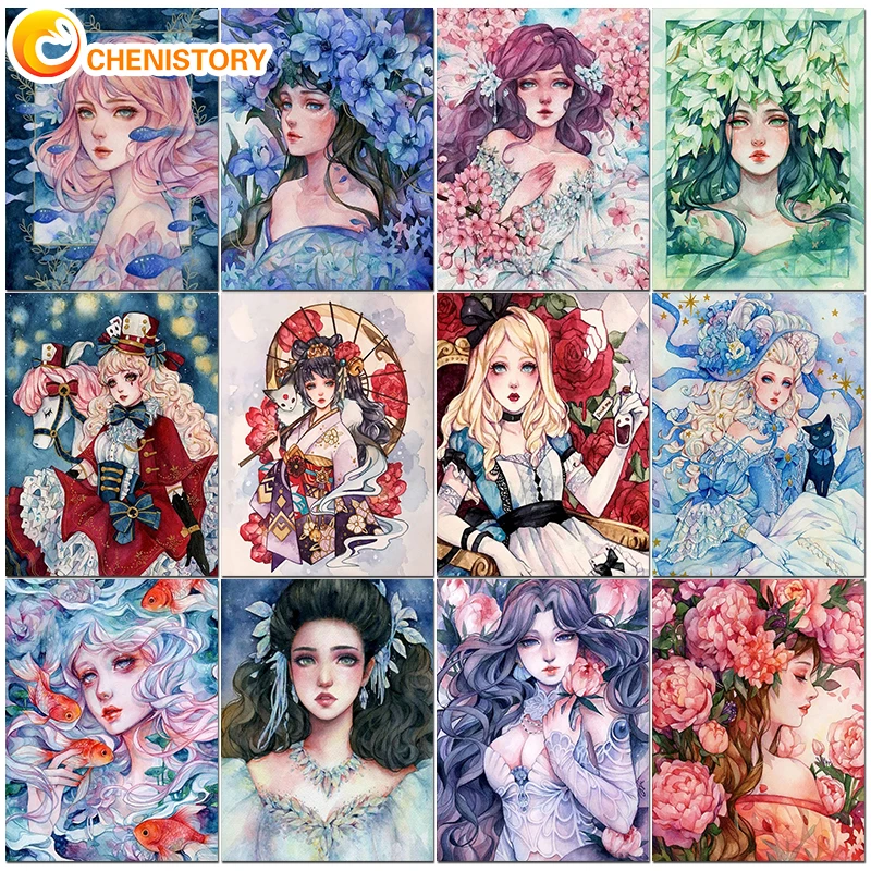 CHENISTORY น้ํามันภาพวาดสําหรับผู้ใหญ่สาวการ์ตูนดอกไม้สีโดยตัวเลขผ้าใบภาพวาด DIY Handmade Home Decor Craft