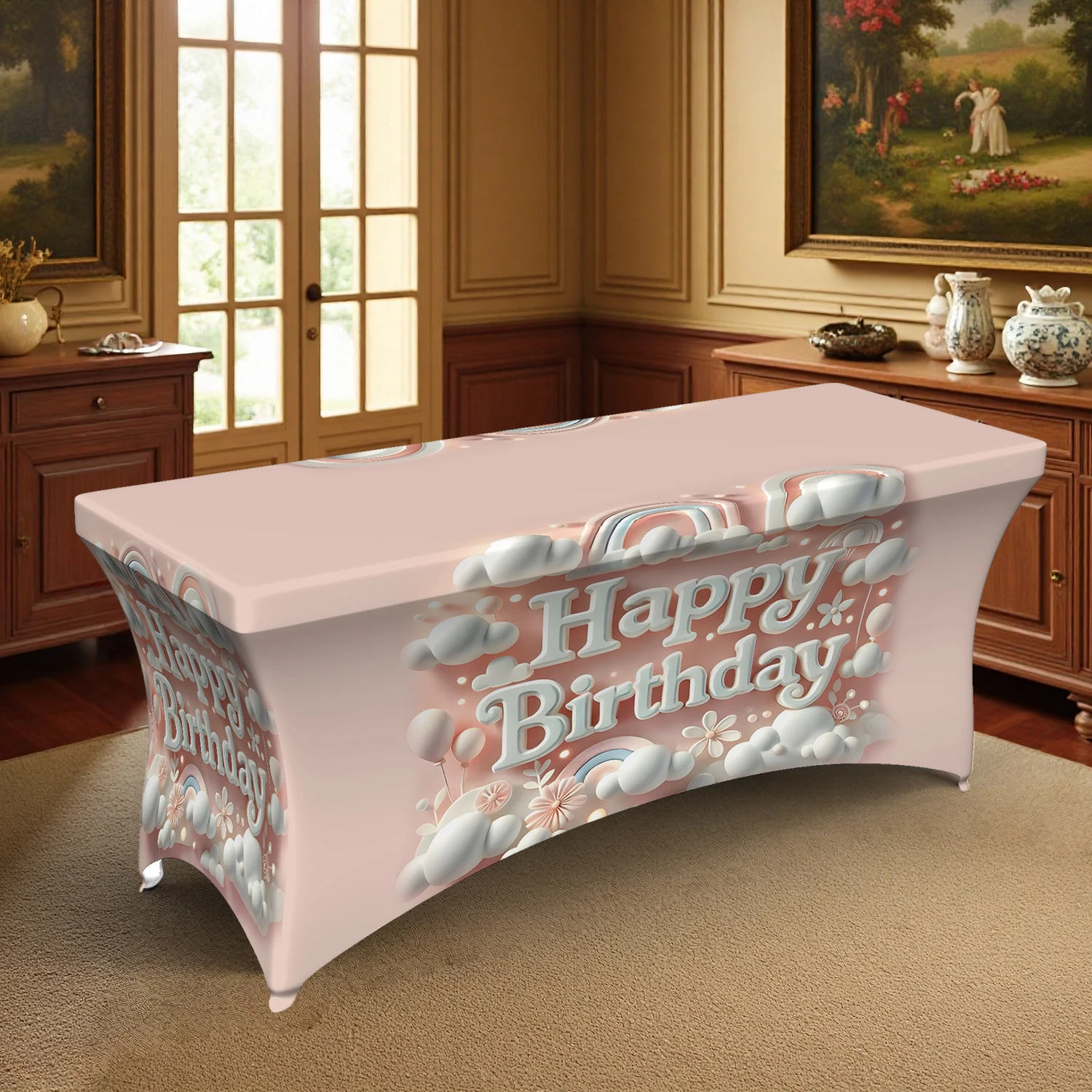 1PC Happy Birthday Themed Elastic Tablecloth, 4/6/8FT Summer Outdoor Stretchable Rectangular Table Cover, Washa