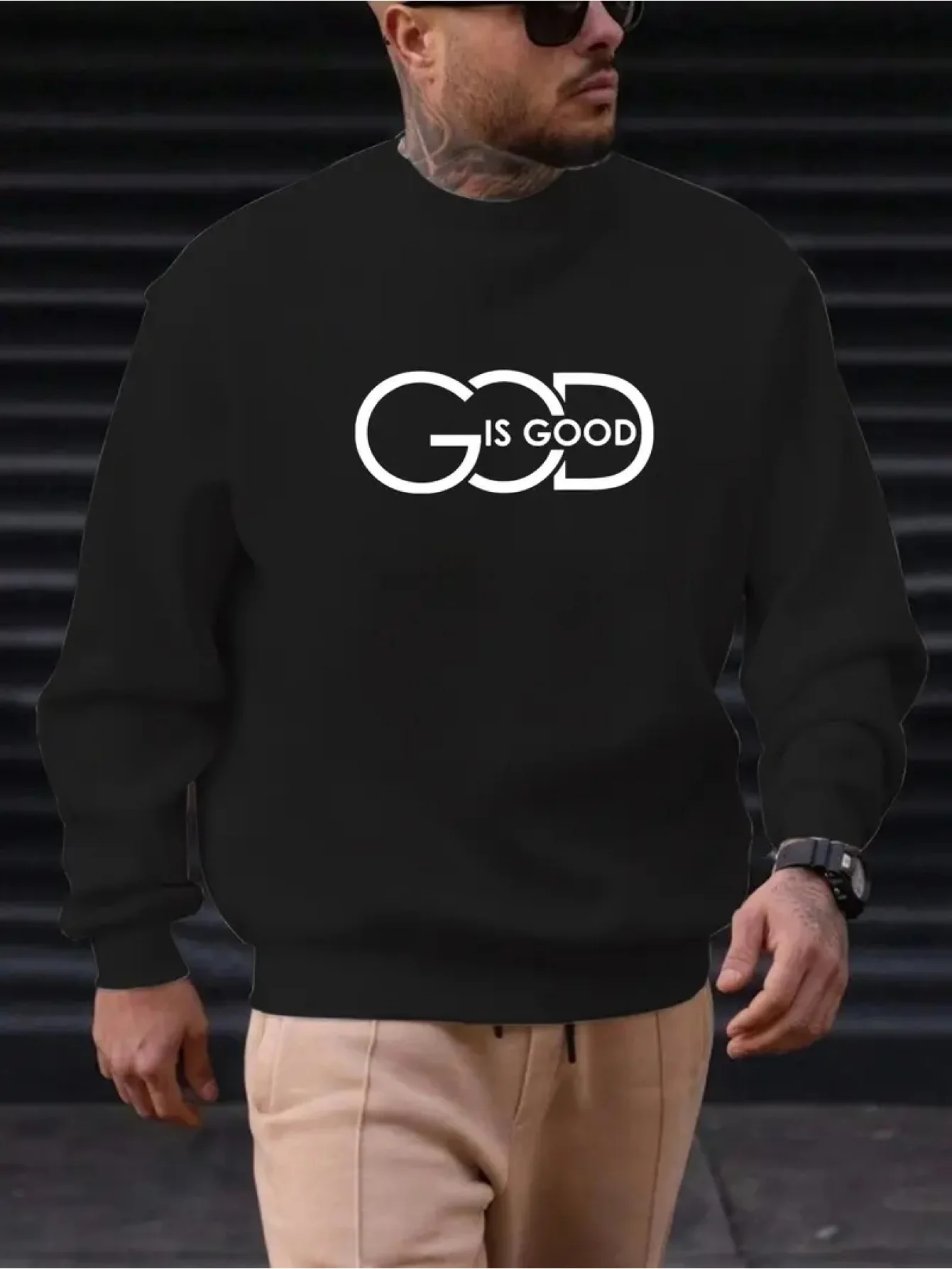 

Men's White Loose "God is Good" Printed Sweater - Heavy Long Sleeve Crew Neck Pullover, Casual Christian Faith Clothing