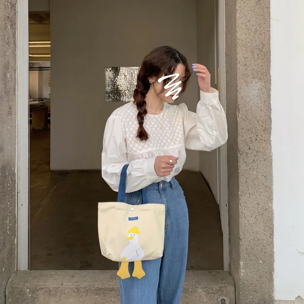 Bolso de mano delicado que combina con todo para mujer, bolsas de pato amarillo, compras de lona casuales con bolsa de almuerzo Simple, dulces para