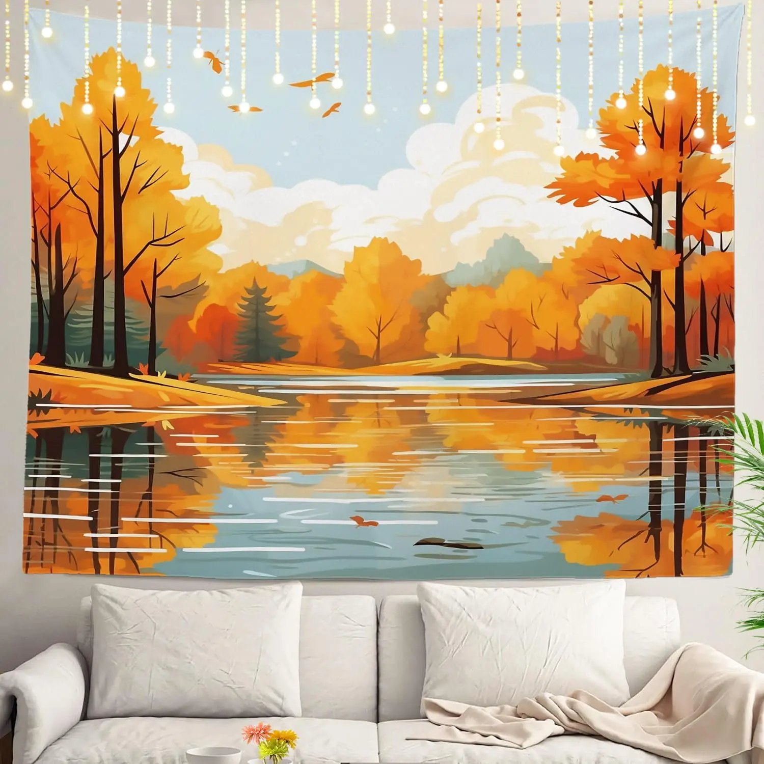 Large Polyester Fall Foliage Tapestry Wall Hanging Outdoor Nature Forest Stream Landscape Decor Room Art