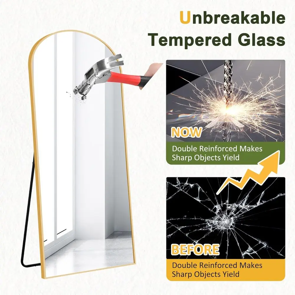 Gewölbter Ganzkörperspiegel aus goldenem Aluminium mit Ständer, freistehend oder an der Wand montierbar