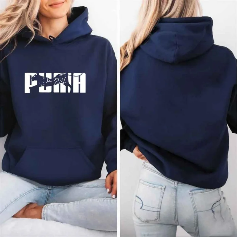 

Women's Wild Cat Graphic Print Hoodie Casual Navy Blue Oversized Sweatshirt Streetwear Pullover