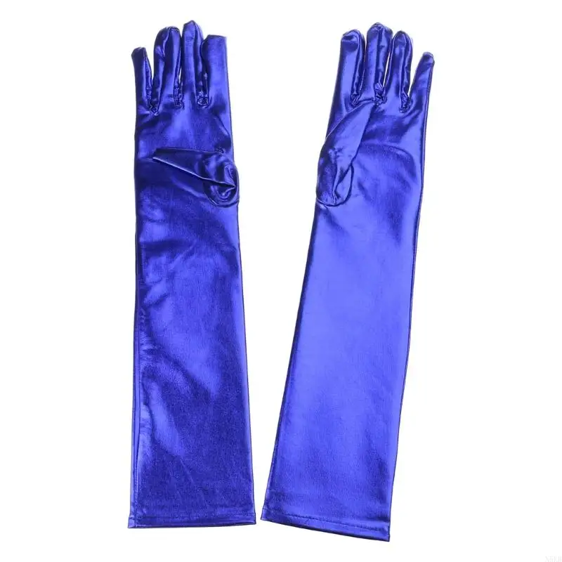 N5KB Women Faux Leather Sexy Finger Gloves Metallic Elbow Length Gloves